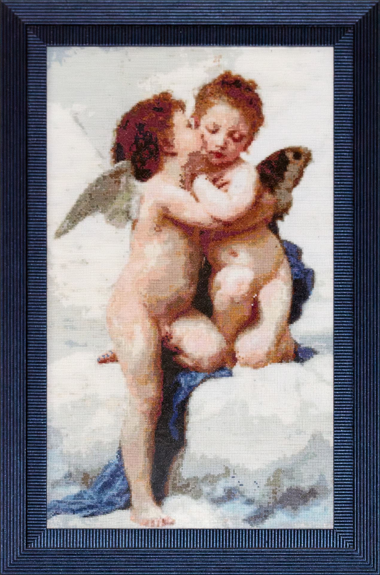 Two embroidered cherubs after Bouguereau in a deep blue frame