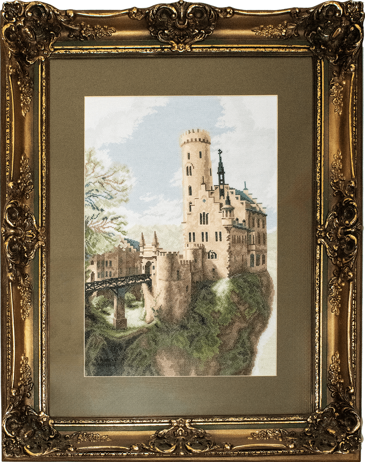 Embroidered Lichtenstein Castle in an ornate gilt frame
