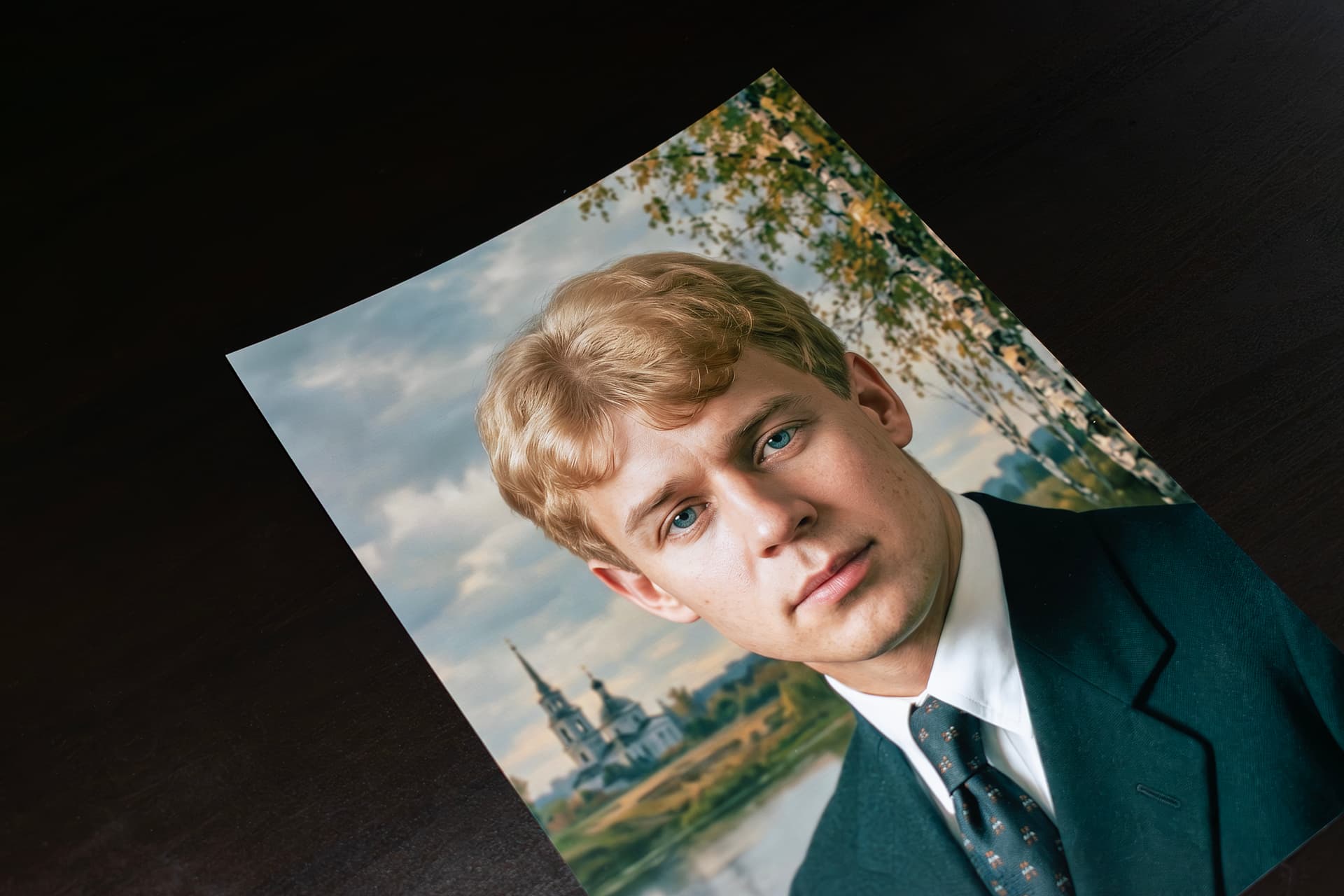 A colour portrait photograph lying on a dark wooden table, the print the work begins from