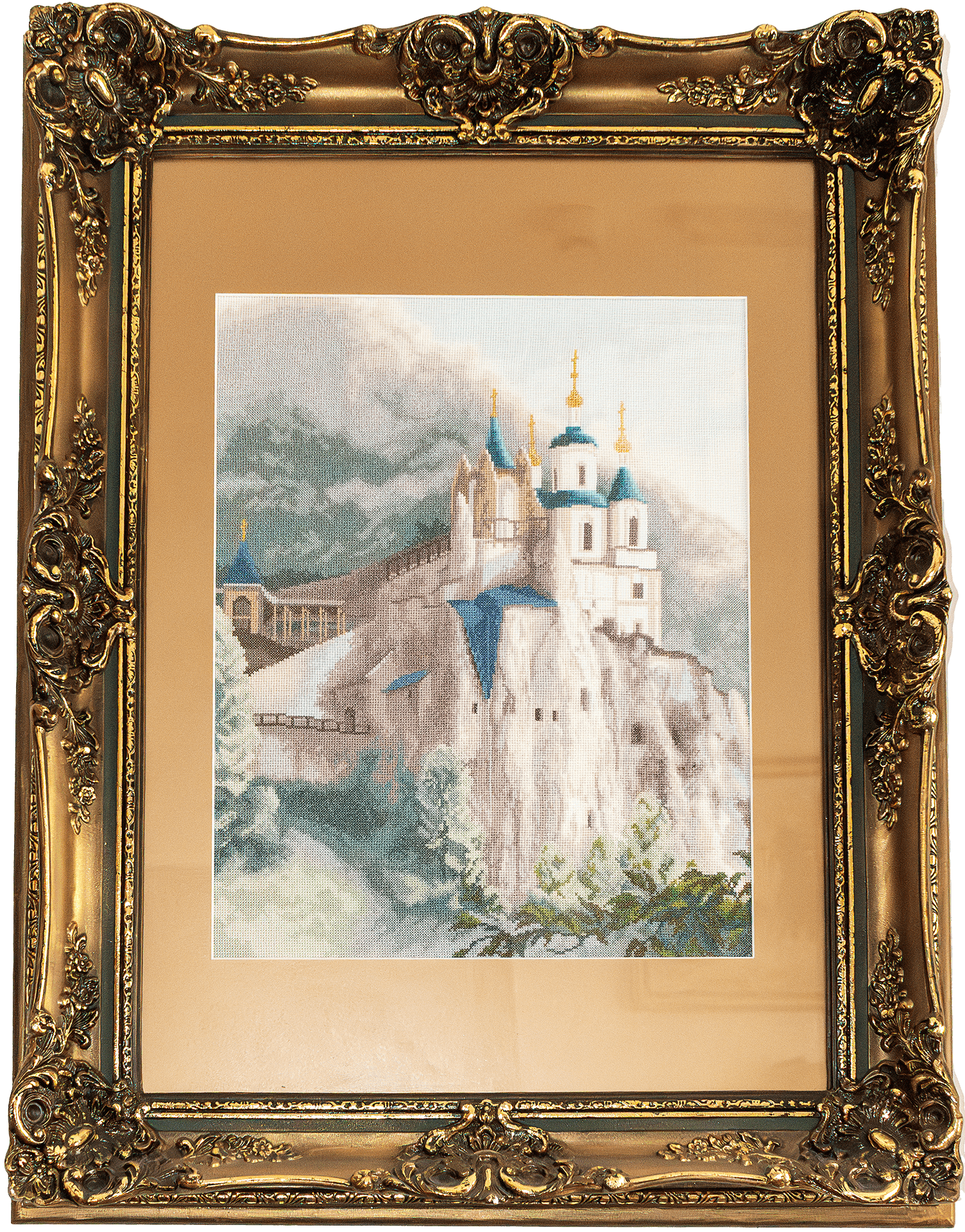 Embroidered white monastery with gold domes in a baroque gilt frame