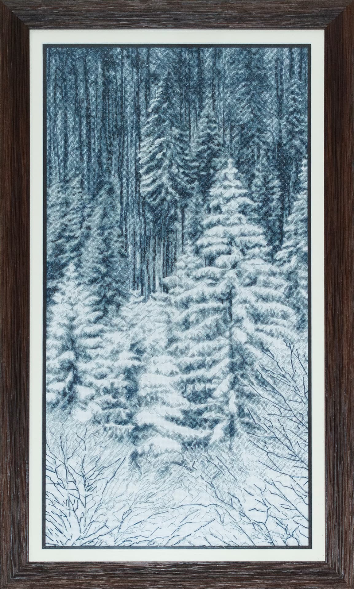 Embroidered snowy firs in blue monochrome, slim dark frame