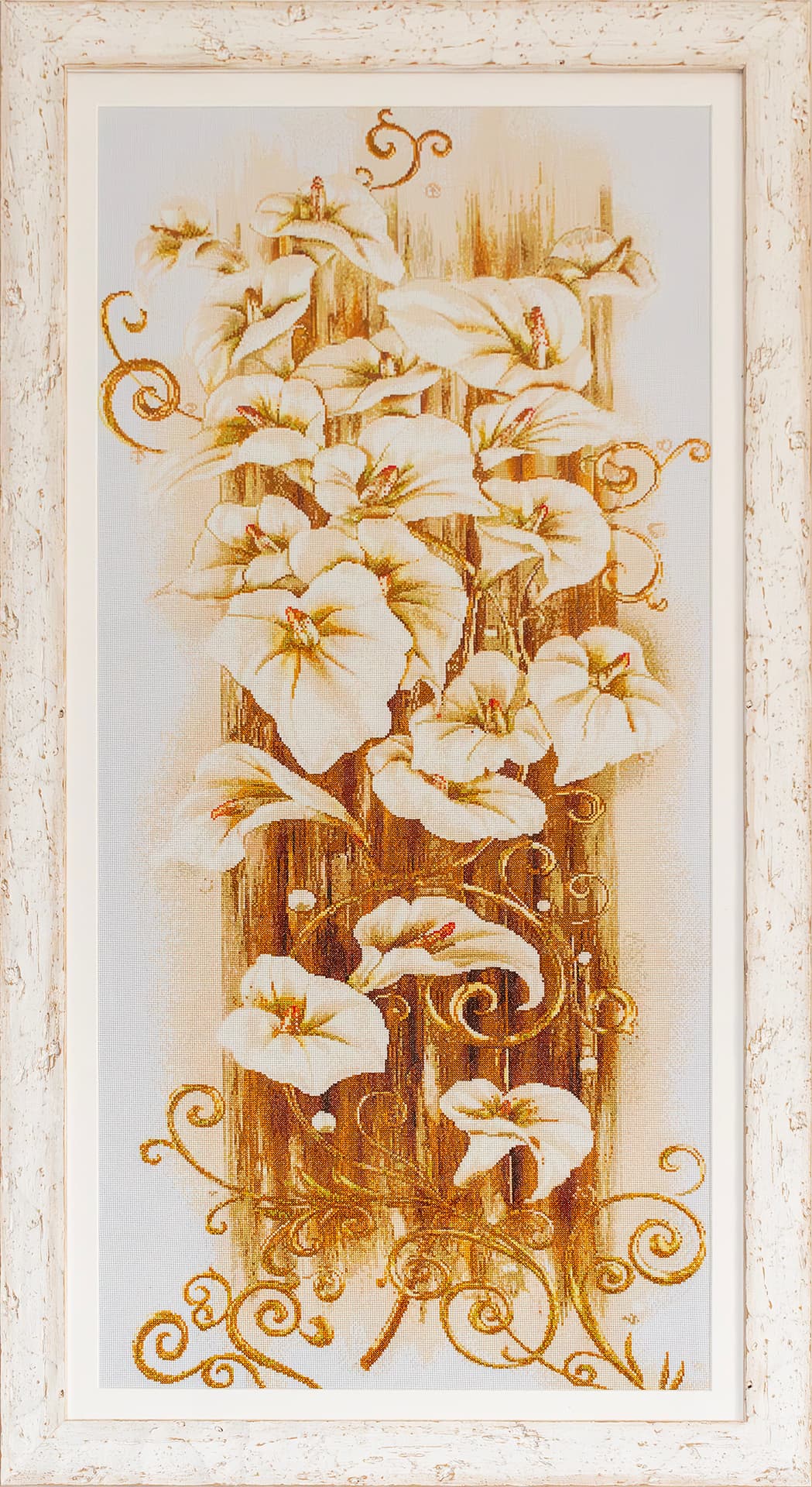 Embroidered white calla lilies with gold ornament in a white frame